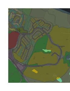 Kart over et boligområde med gater, tomter og arealbruk