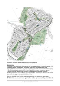 Kart som viser et boligfelt med detaljert grønnstruktur, veisystem og plassering av parker/lekeplasser.