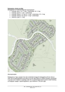 En illustrasjonsplan som viser bebyggelsesstruktur og -tiltak for et boligfelt, inkludert plassering av ulike boligtyper (enebolig, rekkehus) og feltinndeling.