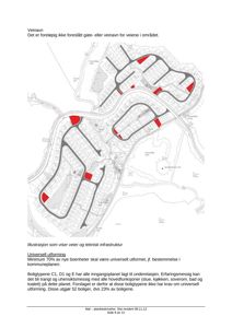 Situasjonsplan som viser vei- og teknisk infrastruktur for et boligområde, inkludert plassering av boliger og inngangsplasser.