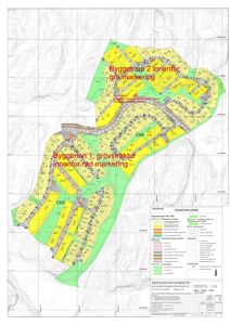 Situasjonsplan som viser tomtedeling, bebyggelsesareal og infrastruktur for et boligfelt i Drangsvann AS-prosjektet.