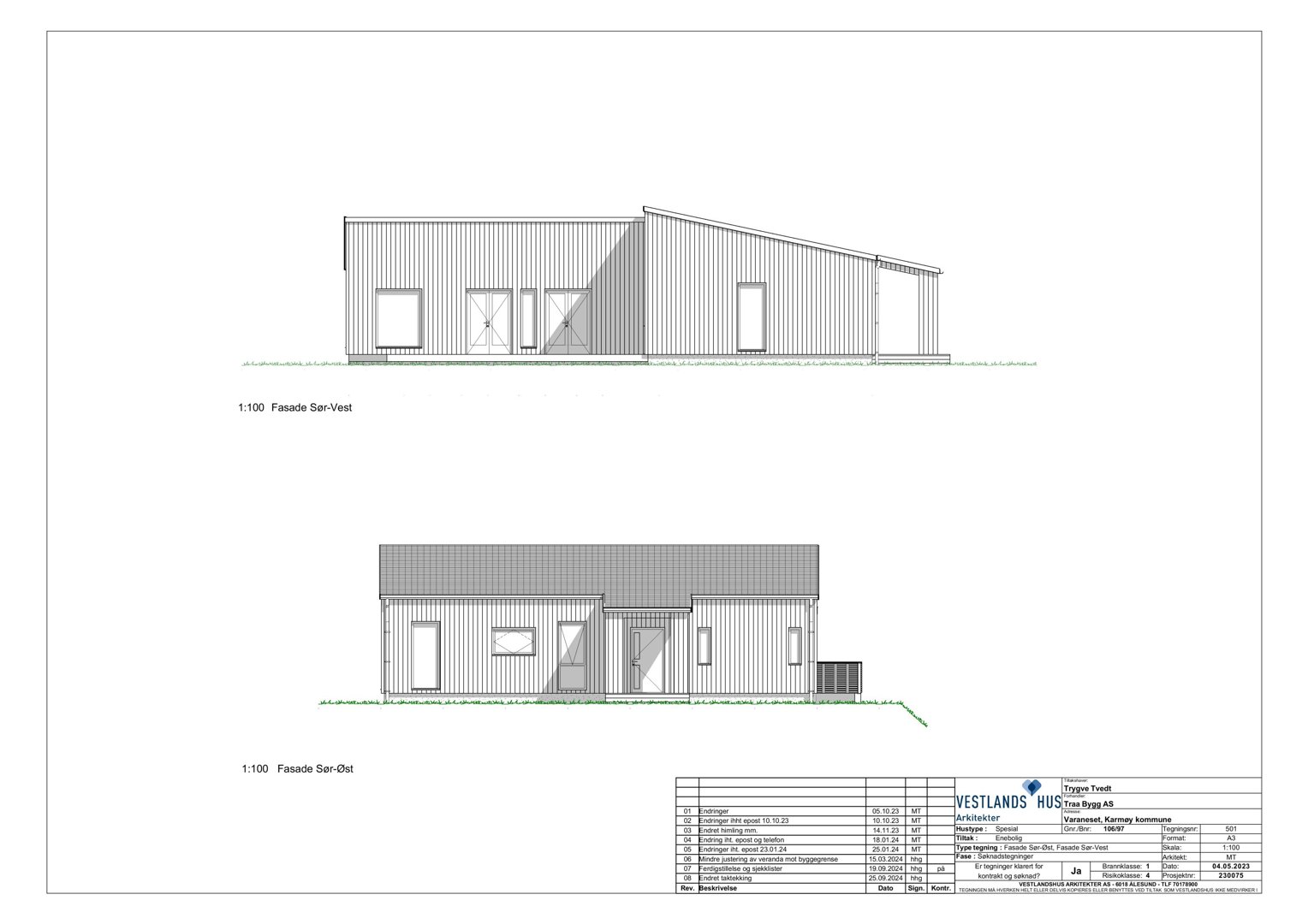 Fasadetegning som viser bygningens utseende fra vest og øst (1:100 skala).