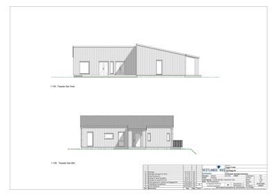 Fasadetegning som viser bygningens utseende fra vest og øst (1:100 skala).
