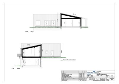 Snittegning (Snitt A og Snitt B) som viser bygningens tverrsnitt, høyder, takform og romfordeling.