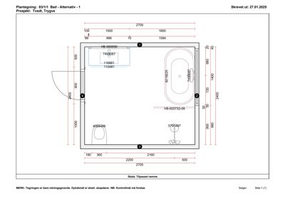 Plantegning av et bad med angitte mål for badstue, dusj, vask og dører.