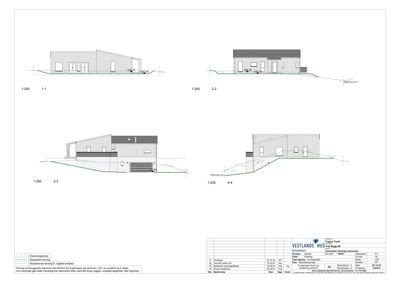 Snittegning (1:200) som viser tverrsnitt gjennom bygningen i fire ulike posisjoner (1-1, 2-2, 3-3, 4-4).