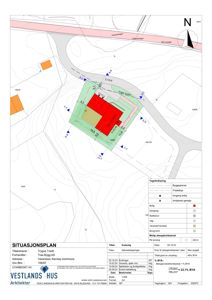 Situasjonsplan som viser bygningens plassering i forhold til tomme, vei og nabolag.