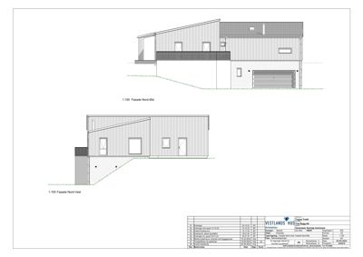 Fasadetegning som viser bygningens utseende fra nord-øst og nord-vest.