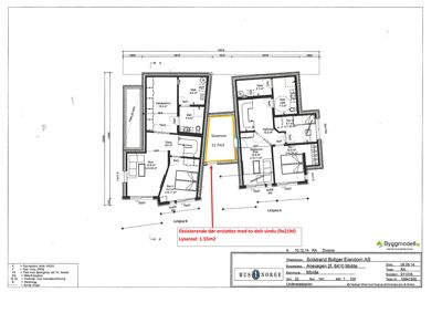 Etasjeplan for to leiligheter (Leilighet A og B) med romfordeling, dimensjoner og en markert endring av vindu.