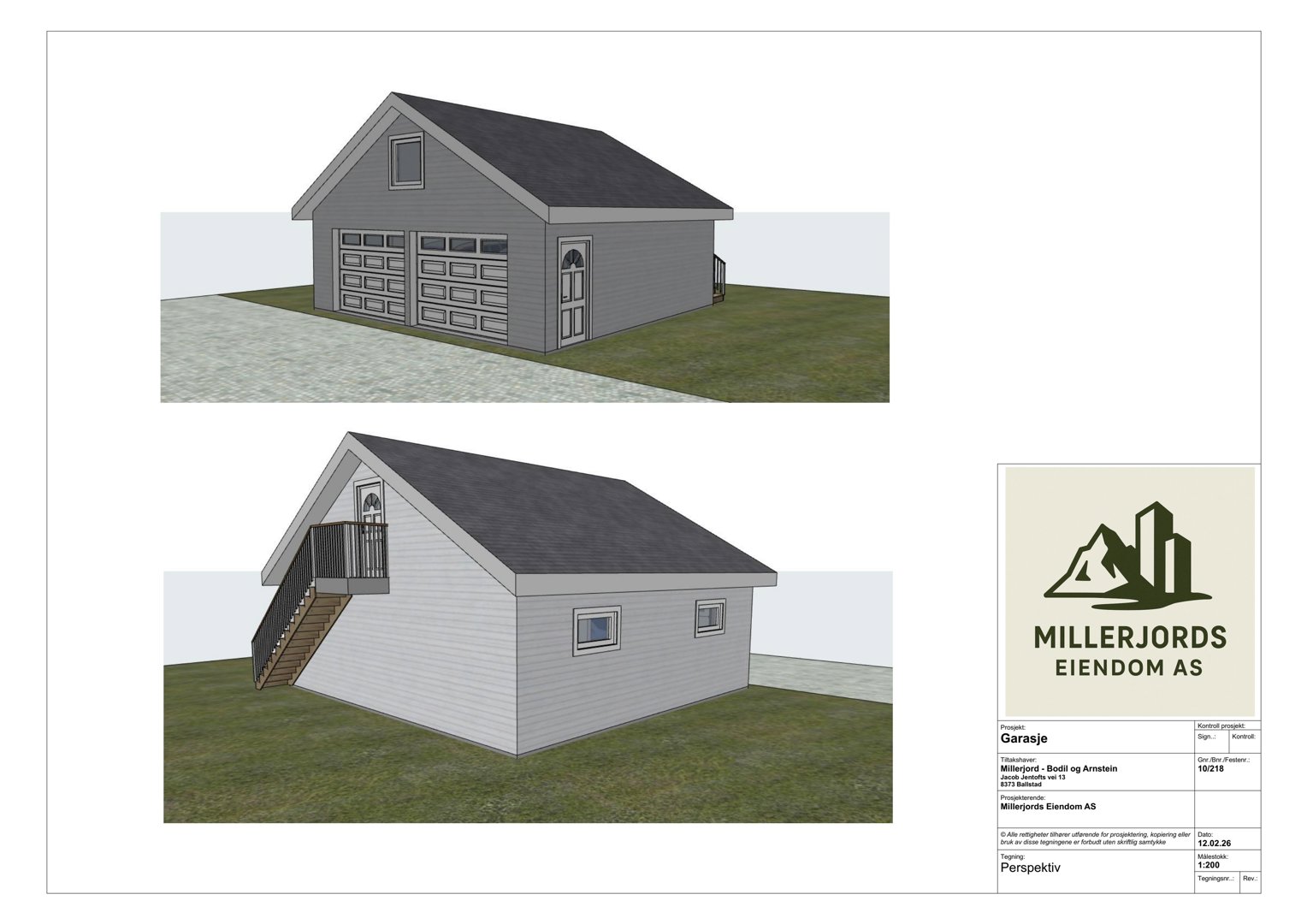 3D-visualisering (rendering) av en garasje sett fra to ulike vinkler (perspektiv).