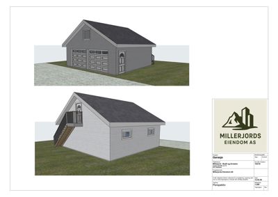 3D-visualisering (rendering) av en garasje sett fra to ulike vinkler (perspektiv).