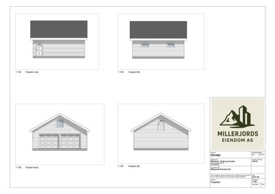 Fasadetegning som viser bygningens utseende fra fire ulike vinkler (Vest, Øst, Nord og Sør).