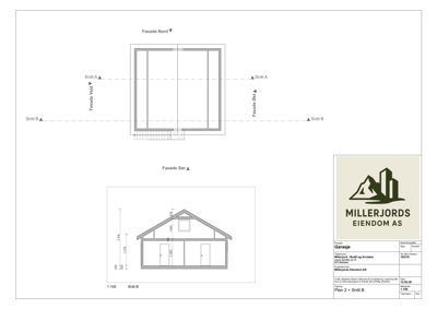 Bildet viser en tegning med fasadeopprikk (Fasade Nord, Fasade Vest, Fasade Sør) og tilhørende snittegninger (Snitt A og Snitt B) for en garasje.