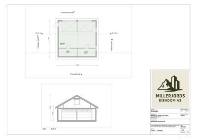Etasjeplan (Plan 1. etasje) med romfordeling, dimensjoner og fasadeopprikk.