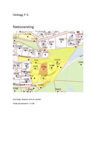 Situasjonsplan (nabolagskart) som viser eiendomsnummer, gater og en markert eiendom (11/38) med nabovarsling.