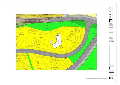 Situasjonsplan som viser tomtfordeling, vegnett og topografi for et område med flere eiendommer.