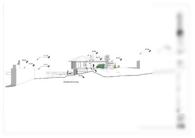 Fasadetegning (opprikk) som viser bygningens høyde i forhold til terrenget og eksisterende nabobygninger.