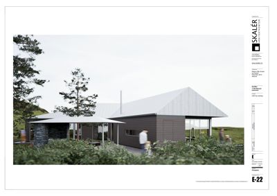 Fotografi av en moderne bygning med en hvit takflate, mørke fasader og en steinmur. Bildet viser bygningen i et naturlig landskap med trær og busker.