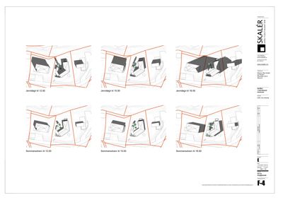 Situasjonsplaner som viser solforhold (solskygger) på tomt for Jevndøgn og Sommersølvær klokka 12.00, 15.00 og 18.00.
