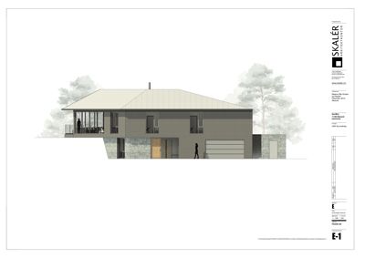 Fasadetegning som viser bygningens utseende fra siden, inkludert materialer, vinduer og terrengforhold.