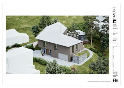 3D-visualisering av en planlagt bolig med omgivelser