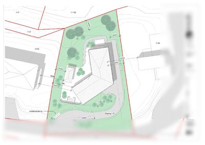 Situasjonsplan som viser bygningens plassering på tomten, omgivende terreng (konturlinjer), beplantning, tilkomstveier og nabobebyggelse.
