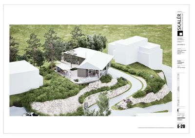 3D-visualisering av et hus på en tomt med omgivende natur og en vei.