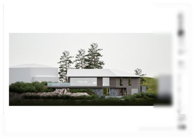 3D-visualisering (rendering) av en moderne villa sett fra siden, med omgivende natur.