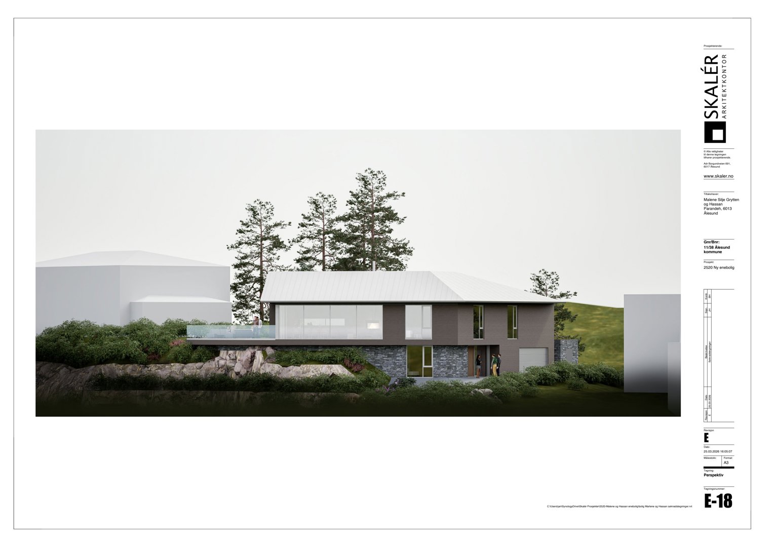 3D-visualisering (rendering) av en moderne villa sett fra siden, med omgivende natur.