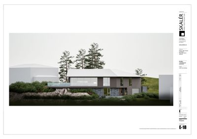3D-visualisering (rendering) av en moderne villa sett fra siden, med omgivende natur.