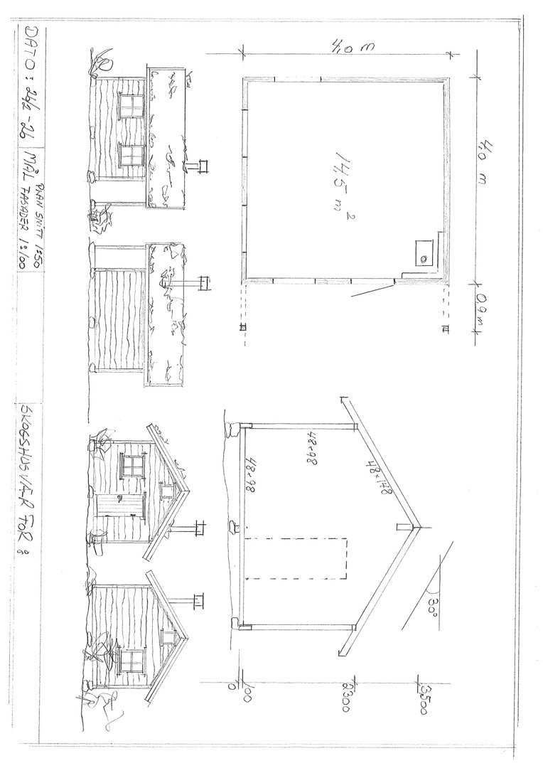 Fasadetegning som viser bygningens utseende fra fire ulike vinkler (front, side, bak og en skrå vinkel) med mål og detaljer.