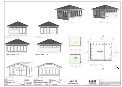 En tegning som viser fasadeoppsett (fra nordvest, sørøst, sørvest og nordøst) samt snittegninger (A og B) og etasjeplaner for en bygning.