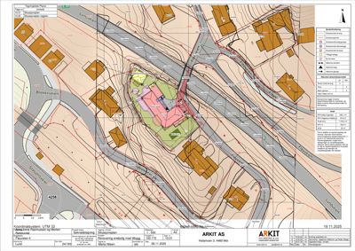 Situasjonsplan som viser bygningens plassering i forhold til nabolag, veier og topografi.
