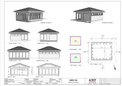 Bildet viser en samling tegninger av en bygning, inkludert fasadeopprikk fra fire sider (vest, øst, sør, nord), to perspektivtegninger, to snittegninger og et situasjonsplan med arealoppdelinger.