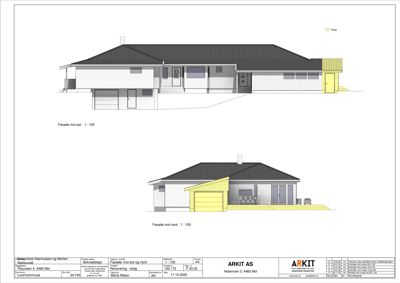 Fasadetegning som viser bygningens utseende fra øst og nord.