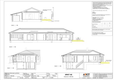 Snittegning (Snitt A, B, C og D) som viser tverrsnittet av en bolig med mål, konstruksjoner og detaljer.