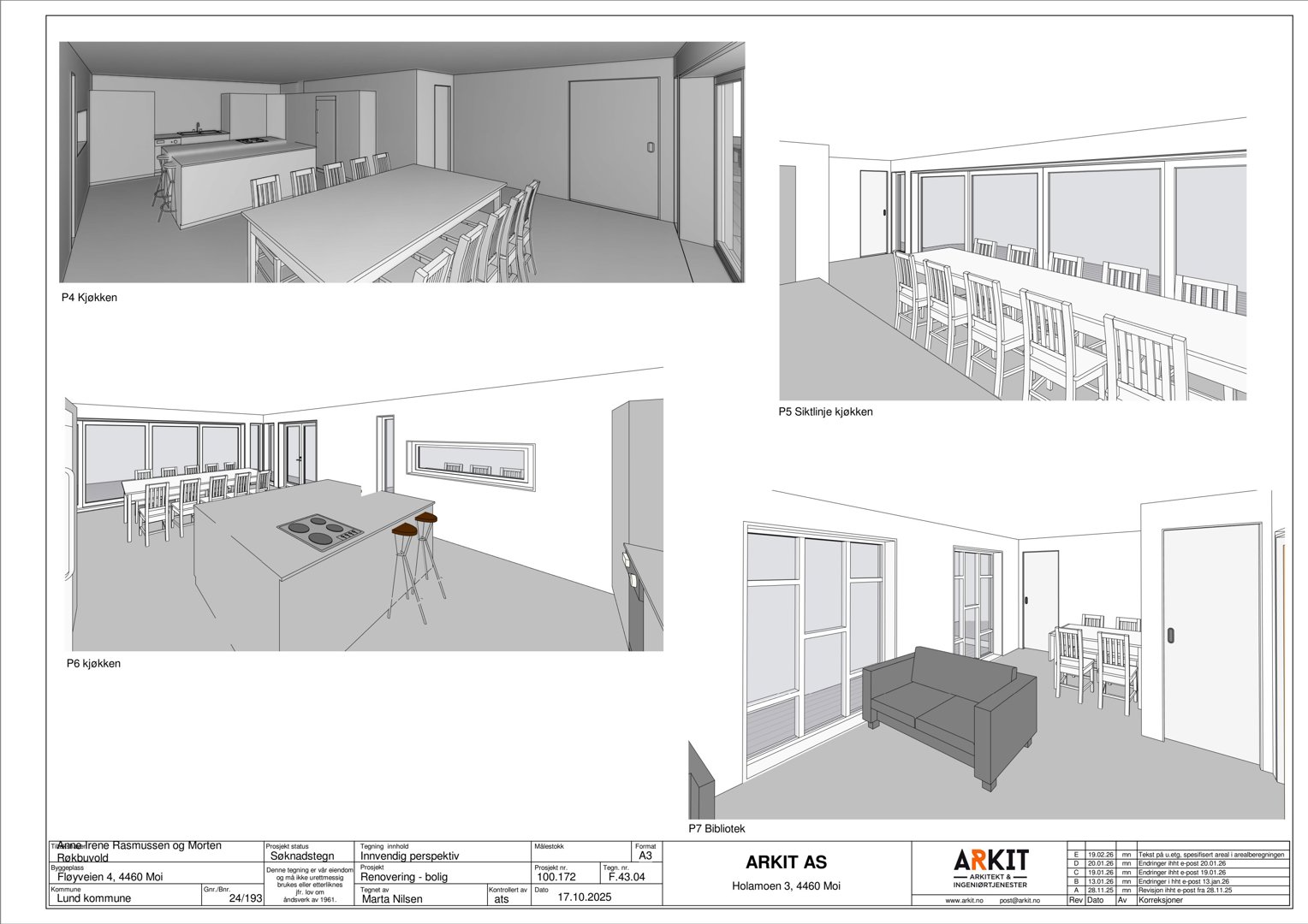 Bildet viser en serie med 3D-interiørvisualiseringer (renderinger) av et kjøkken og et stueområde, inkludert møbler og innredning.