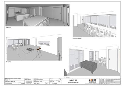 Bildet viser en serie med 3D-interiørvisualiseringer (renderinger) av et kjøkken og et stueområde, inkludert møbler og innredning.