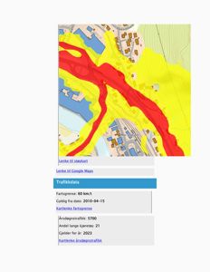 Kart med støykartlegging (røde og gule soner) over et område med veier og bebyggelse, samt trafikkdata.