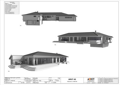 Tre 3D-visualiseringer (renderinger) av en bolig sett fra ulike vinkler (P1, P2, P3) med detaljerte fasader og landskap.
