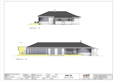 Fasadetegning som viser bygningens utseende fra to sider (mot sør og mot vest) med mål og detaljer.