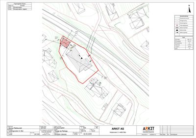 Situasjonsplan som viser tomtens grenser (rødt), eksisterende og planlagt bebyggelse, samt arealoppdelinger (DVA, EDA, etc.).