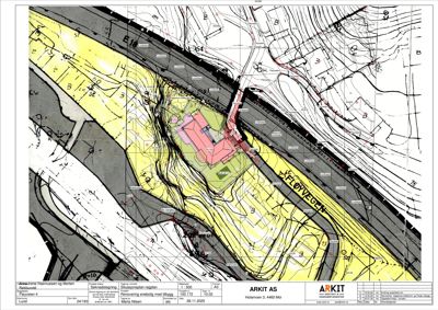 Situasjonsplan som viser tomtens beliggenhet i forhold til nabolag, vegnett og topografi.