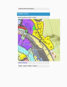 Situasjonsplan (Reguleringsplan) som viser tomtegrenser, arealbruk (fargekodet) og infrastruktur i et område.