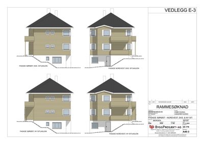 Fasadetegning som viser bygningens utseende fra fire ulike vinkler (Sørøst, Nordvest, Sørøst med ny situasjon, Nordvest med ny situasjon).