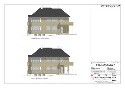 Fasadetegning som viser bygningens utseende fra sørvest, både før og etter endringer.