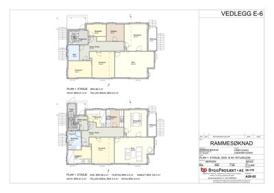 Plantegning av etasjen med romfordeling, mål og arealopplysninger.
