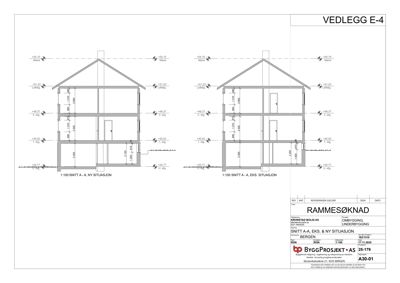 Snittegning (1:100) som viser tverrsnittet av en bygning i ny og eksisterende situasjon, med høydemål og romfordeling.