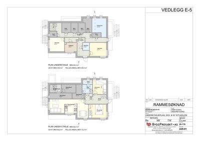 Plantegning som viser romfordeling og arealer for underetasjen og underetasjen av en bolig.