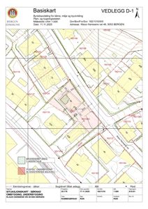 Situasjonskart som viser eiendomsgranser, topografi og bygningsplasseringer i et område.